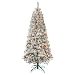 First Traditions Pre-Lit Acacia Flocked Tree Christmas Tree, Clear Incandescent Lights, Plug In, 6 Ft