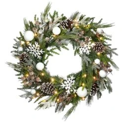 National Tree Company, Pre-Lit Artificial Christmas Wreath, Alpine Collection Decorated, With Warm White LED Lights, Battery Powered, 30 In