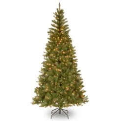 National Tree Company Pre-Lit Artificial Slim Christmas Tree, Green, Aspen Spruce, White Lights, Includes Stand, 7 Feet