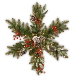 National Tree Company Pre-Lit Artificial Christmas Hanging Snowflake, Green, Frosted Berry Pine, Decorated With Pine Cones, Berry Clusters, Frosted Branches, Christmas Collection, 32 Inches