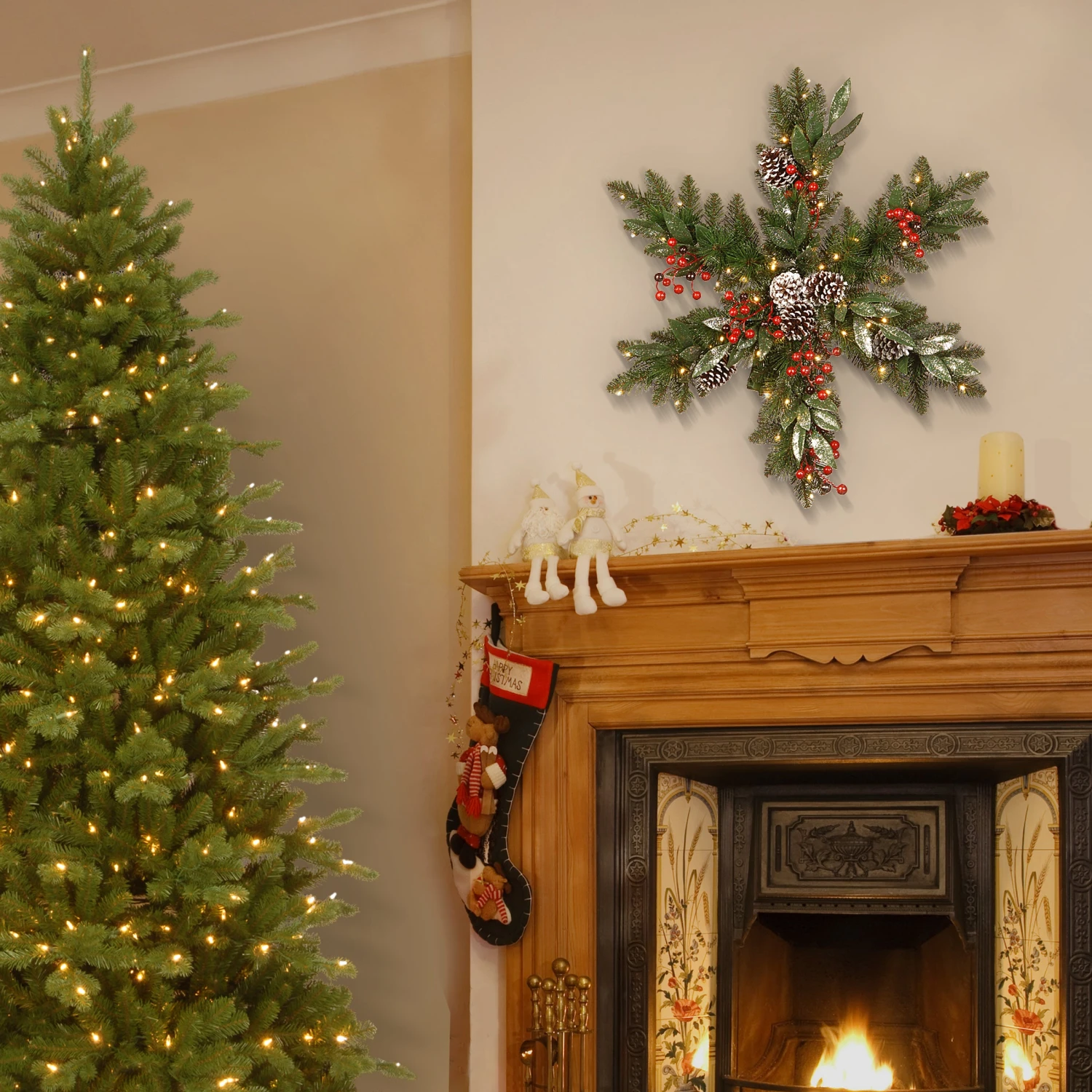 National Tree Company Pre-Lit Artificial Christmas Hanging Snowflake, Green, Frosted Berry Pine, Decorated With Pine Cones, Berry Clusters, Frosted Branches, Christmas Collection, 32 Inches 4 National Tree Company Pre-Lit Artificial Christmas Hanging Snowflake, Green, Frosted Berry Pine, Decorated With Pine Cones, Berry Clusters, Frosted Branches, Christmas Collection, 32 Inches - Image 2