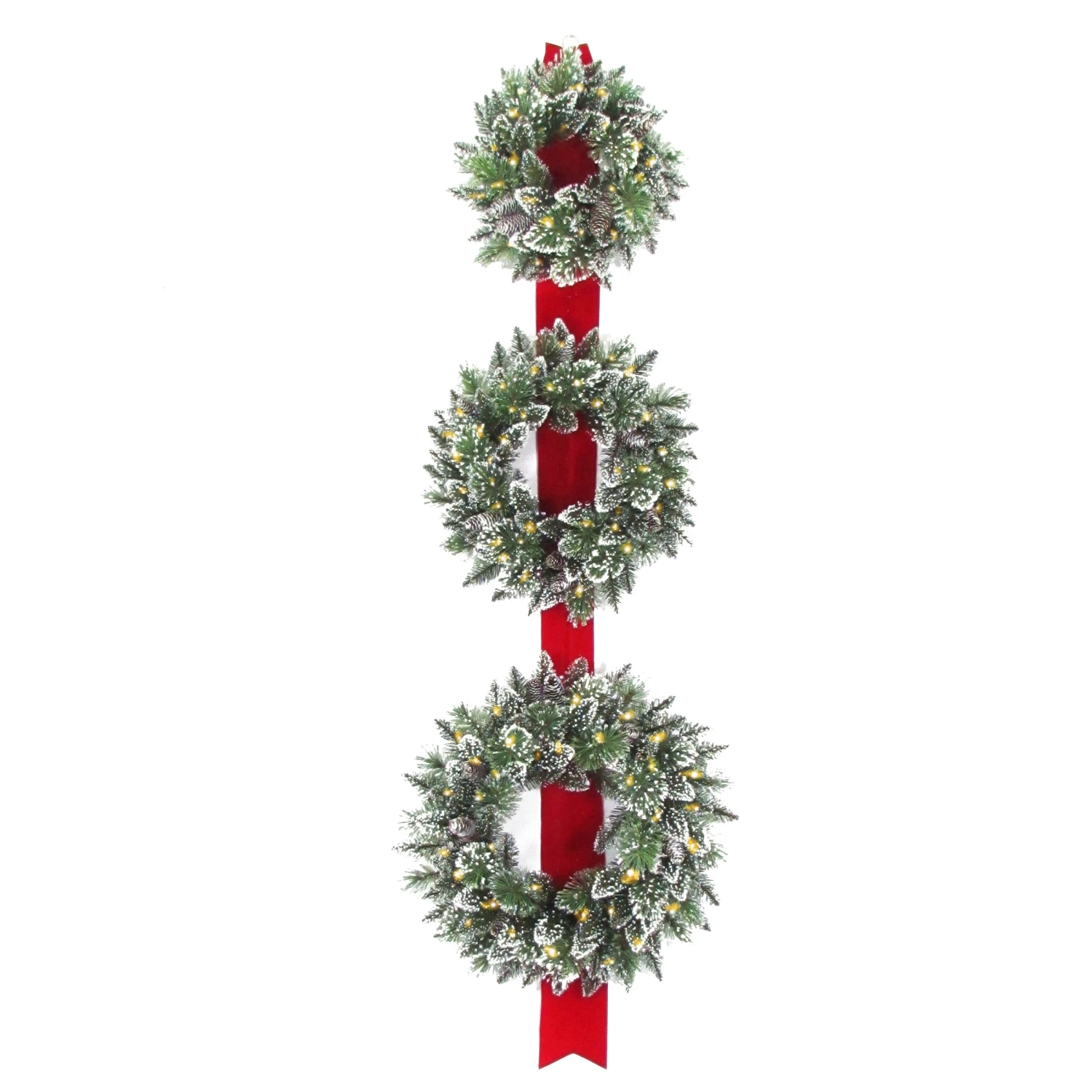 National Tree Company Artificial Christmas Three Wreath Ribbon Door Decoration, Green, White Lights, Decorated With Frosted Branches, Christmas Collection, 77 Inches 3 National Tree Company Artificial Christmas Three Wreath Ribbon Door Decoration, Green, White Lights, Decorated With Frosted Branches, Christmas Collection, 77 Inches