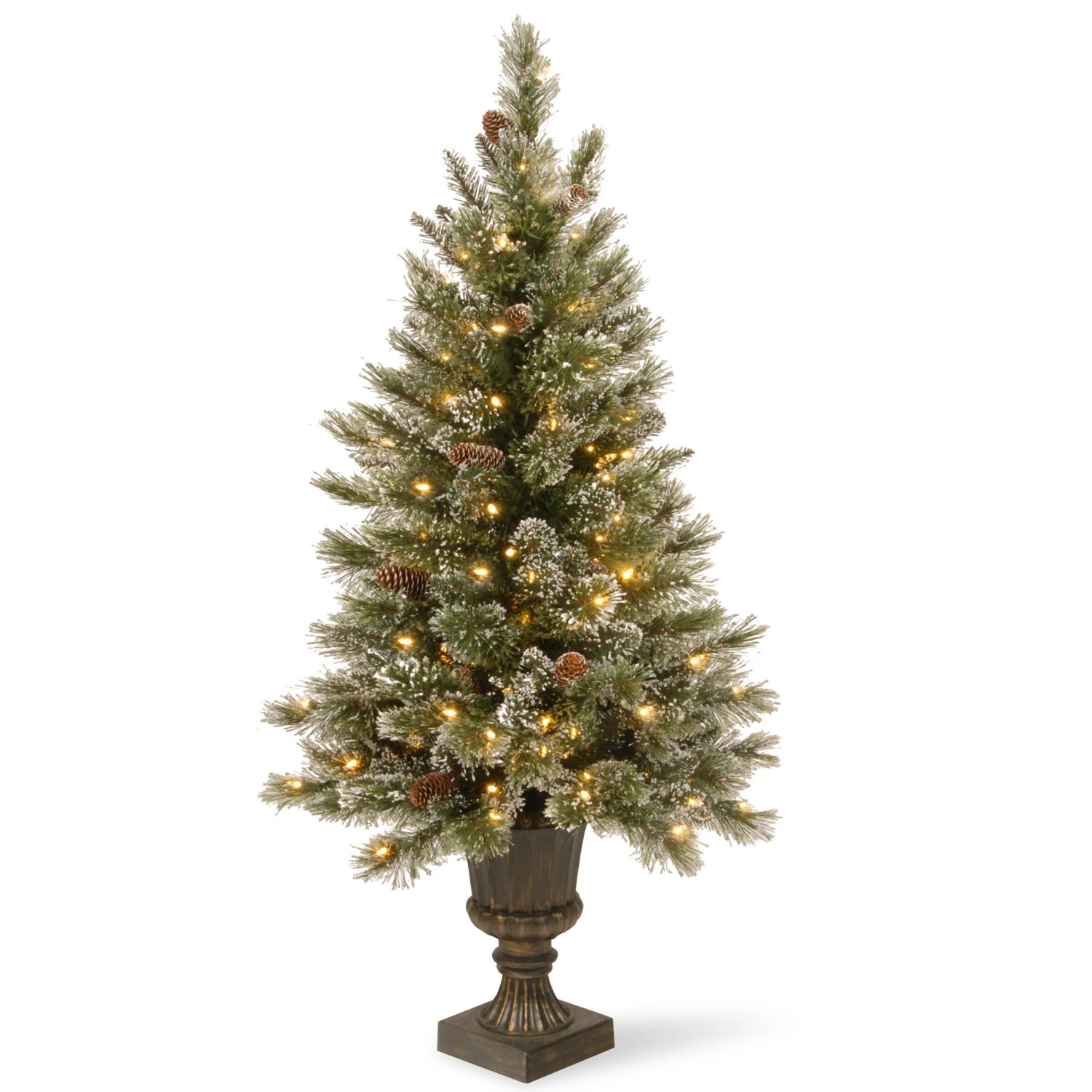 National Tree Company Pre-Lit Artificial Entrance Christmas Tree, Green, Glittery Bristle Pine, White LED Lights, Flocked With Pine Cones, Frosted Branches, Includes Decorative Urn Base, 5 Feet 3 National Tree Company Pre-Lit Artificial Entrance Christmas Tree, Green, Glittery Bristle Pine, White LED Lights, Flocked With Pine Cones, Frosted Branches, Includes Decorative Urn Base, 5 Feet