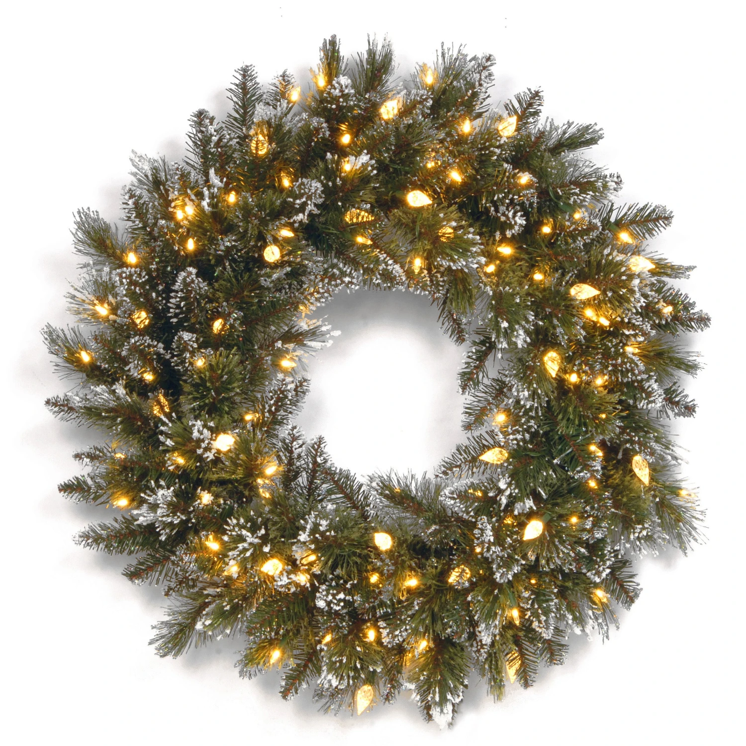 National Tree Company Pre-Lit Artificial Christmas Wreath, Green, Glittery Bristle Pine, White Lights, Decorated With Frosted Branches, Pine Cones, Ball Ornaments, Berry Clusters, Christmas Collection, 24 Inches
