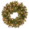 National Tree Company Pre-Lit Artificial Christmas Wreath, Green, Glittery Mountain Spruce, White Lights, Decorated With Pine Cones, Berry Clusters, Frosted Branches, Christmas Collection, 24 Inches -National Tree Company GLM1 300 24W B1