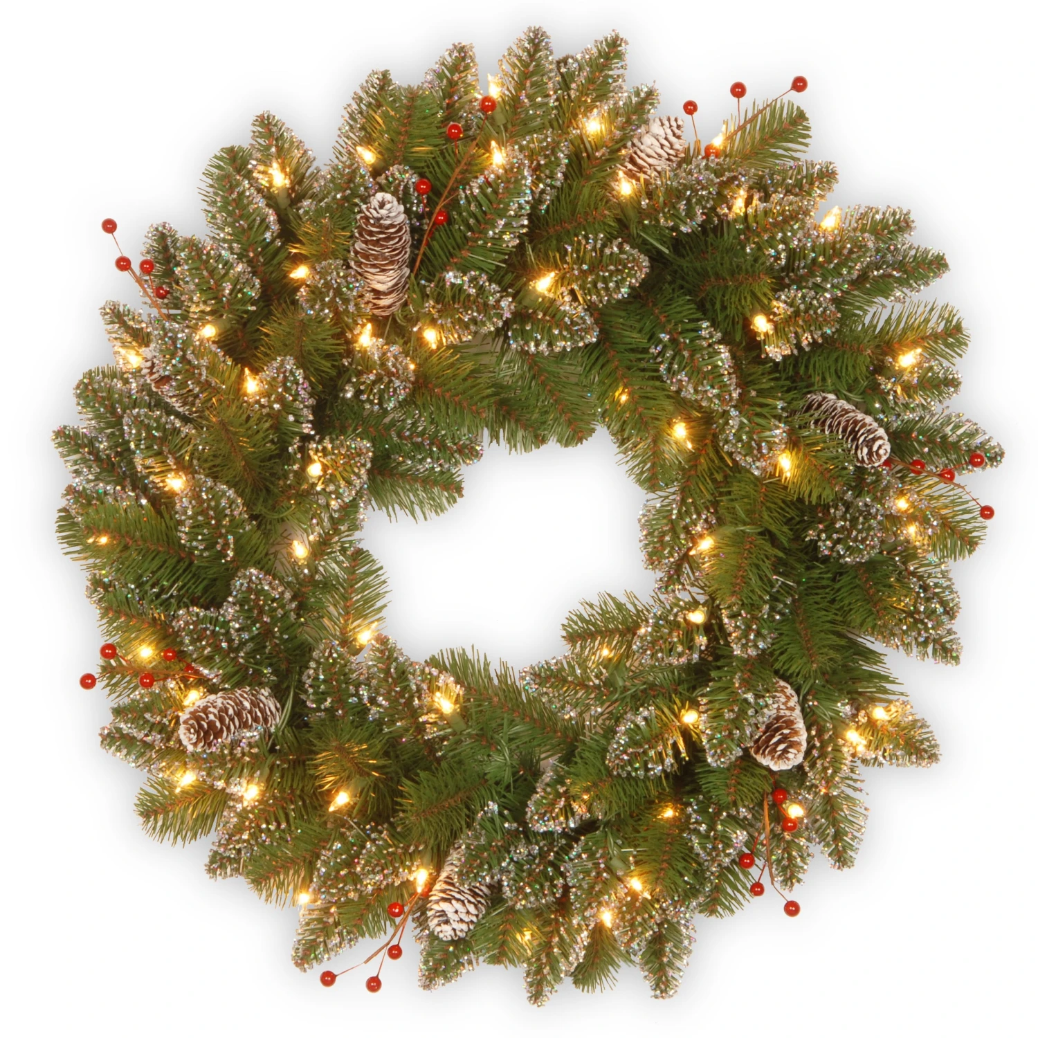 National Tree Company Pre-Lit Artificial Christmas Wreath, Green, Glittery Mountain Spruce, White Lights, Decorated With Pine Cones, Berry Clusters, Frosted Branches, Christmas Collection, 24 Inches 3 National Tree Company Pre-Lit Artificial Christmas Wreath, Green, Glittery Mountain Spruce, White Lights, Decorated With Pine Cones, Berry Clusters, Frosted Branches, Christmas Collection, 24 Inches