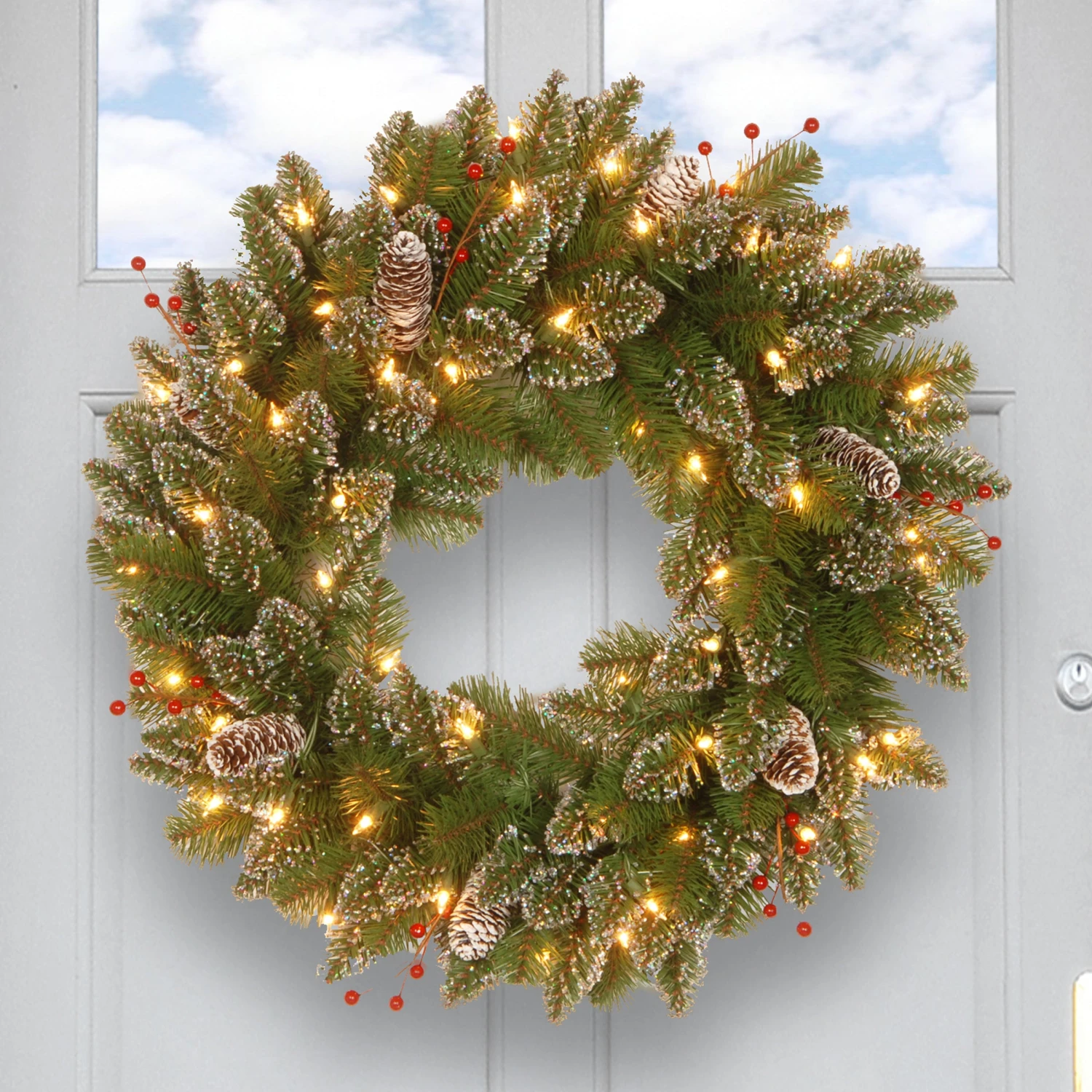 National Tree Company Pre-Lit Artificial Christmas Wreath, Green, Glittery Mountain Spruce, White Lights, Decorated With Pine Cones, Berry Clusters, Frosted Branches, Christmas Collection, 24 Inches 4 National Tree Company Pre-Lit Artificial Christmas Wreath, Green, Glittery Mountain Spruce, White Lights, Decorated With Pine Cones, Berry Clusters, Frosted Branches, Christmas Collection, 24 Inches - Image 2