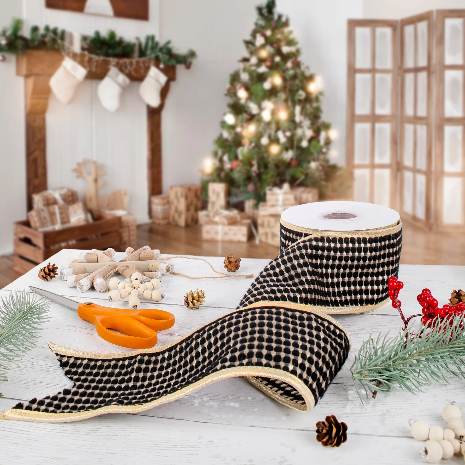 National Tree Company 3" HGTV Home Collection Carmel Jacquard Double-Sided Ribbon, Black 4 National Tree Company 3" HGTV Home Collection Carmel Jacquard Double-Sided Ribbon, Black - Image 2