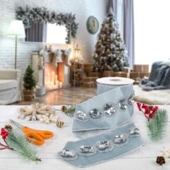 National Tree Company 4" HGTV Home Collection Sequin Beaded Taffeta Ribbon, Blue -National Tree Company HGTOR99 R141B05 2