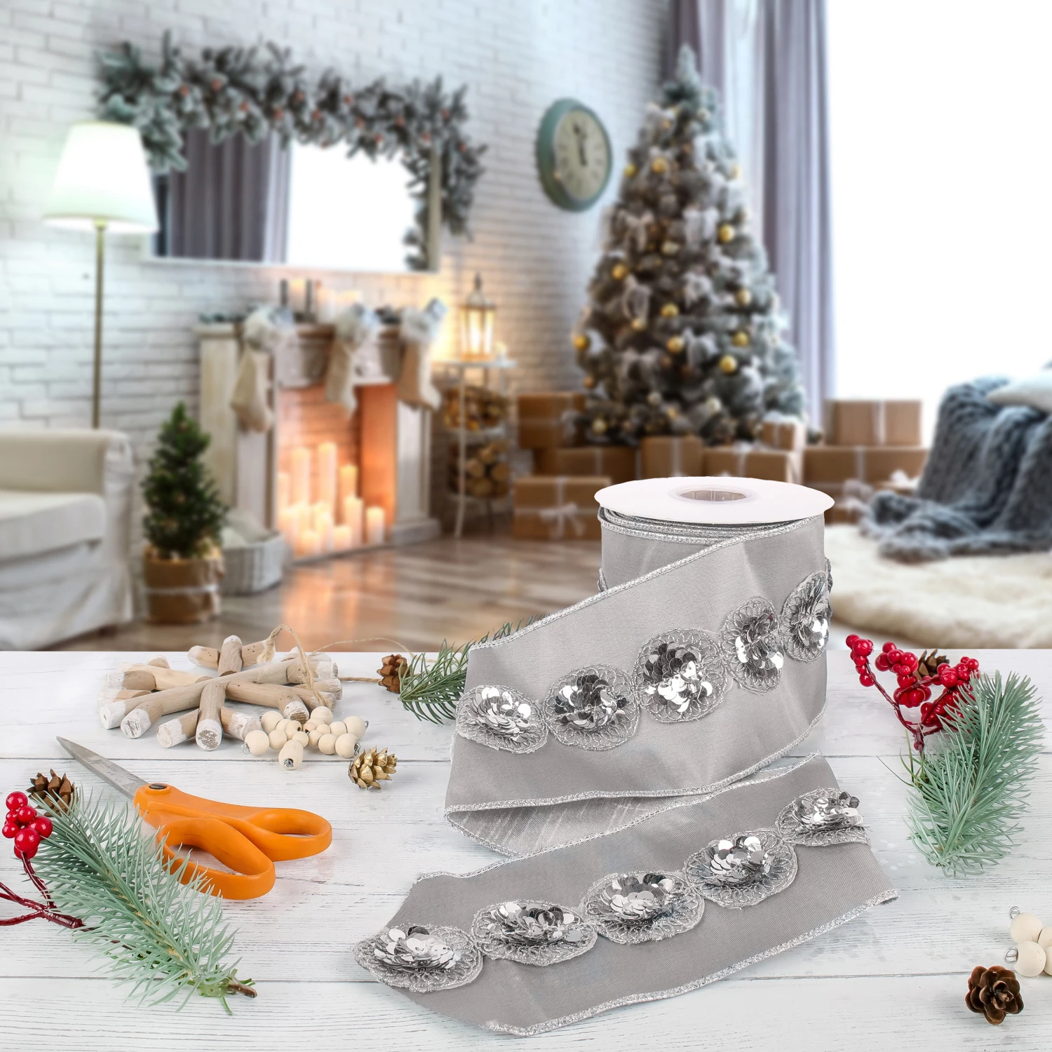 National Tree Company 4" HGTV Home Collection Sequin Beaded Taffeta Ribbon, Gray 4 National Tree Company 4" HGTV Home Collection Sequin Beaded Taffeta Ribbon, Gray - Image 2