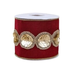 National Tree Company 4" HGTV Home Collection Sequin Beaded Velour Velvet Ribbon, Burgundy