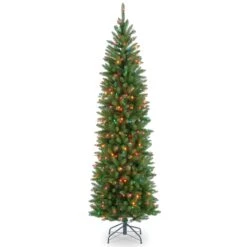 Artificial Pre-Lit Slim Christmas Tree, Green, Kingswood Fir, Multicolor Lights, Includes Stand, 6.5 Feet