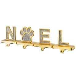 National Tree Company Silver Sparkle NOEL Christmas Stocking Holders, Silver And Gold With Paw Print, 4 Pieces, 5 In