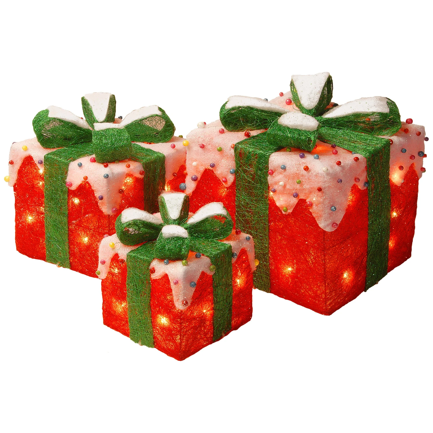 National Tree Company Pre-Lit Red And White Gift Boxes, Set Of Three, White Lights, Christmas Collection 3 National Tree Company Pre-Lit Red And White Gift Boxes, Set Of Three, White Lights, Christmas Collection