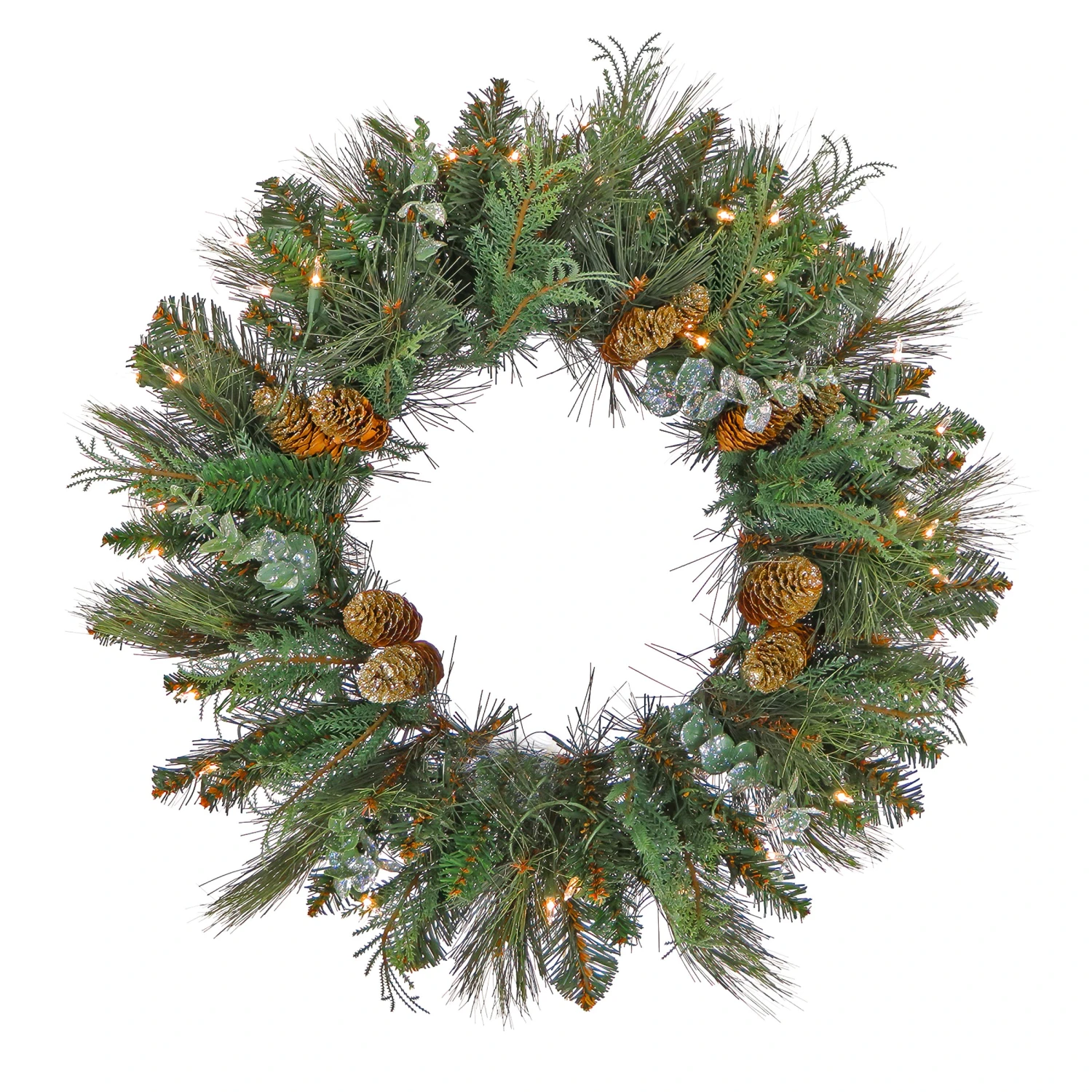National Tree Company First Traditions™ Collection, 30" Pre-Lit Artificial North Conway Wreath With Glittery Cones And Eucalyptus, 100 Clear Lights- UL 3 National Tree Company First Traditions™ Collection, 30" Pre-Lit Artificial North Conway Wreath With Glittery Cones And Eucalyptus, 100 Clear Lights- UL