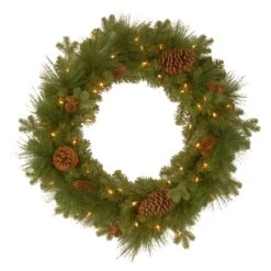 National Tree Company Pre-Lit Artificial Christmas Wreath, Green, Eastwood Spruce, White Lights, Decorated With Pine Cones, Christmas Collection, 24 Inches