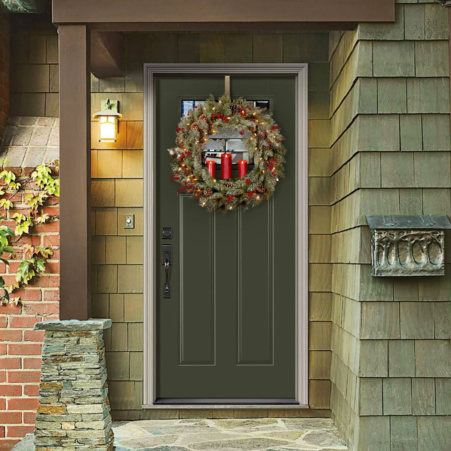 National Tree Company Pre-Lit Artificial 'Feel Real' Christmas Wreath, Green, Bristle Berry Pine, White Lights, Decorated With Berry Clusters, Pine Cones, Candle Holder, Christmas Collection, 36 Inches 4 National Tree Company Pre-Lit Artificial 'Feel Real' Christmas Wreath, Green, Bristle Berry Pine, White Lights, Decorated With Berry Clusters, Pine Cones, Candle Holder, Christmas Collection, 36 Inches - Image 2