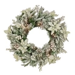 National Tree Company, Pre-Lit Artificial Christmas Wreath, Frosted Colonial, White LED Lights, Battery Powered, 26 In
