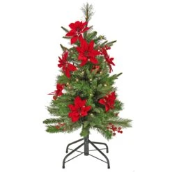 National Tree Company Artificial Colonial Pencil Slim Hinged Christmas Tree With Berries And Poinsettia Flowers, Pre-Lit With Clear Incandescent Lights, Plug In, 3 Ft