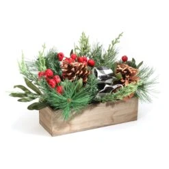 National Tree Company Christmas Mixed Pine And Berries Arrangement With Wood Box Base, 16 In