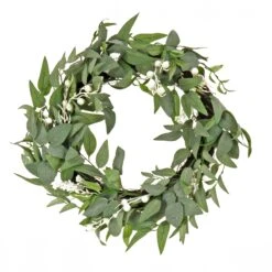 National Tree Company Artificial Mixed Green Leaves Christmas Wreath, Decorated With White Berry Clusters, Woven Branch Base, 24 In