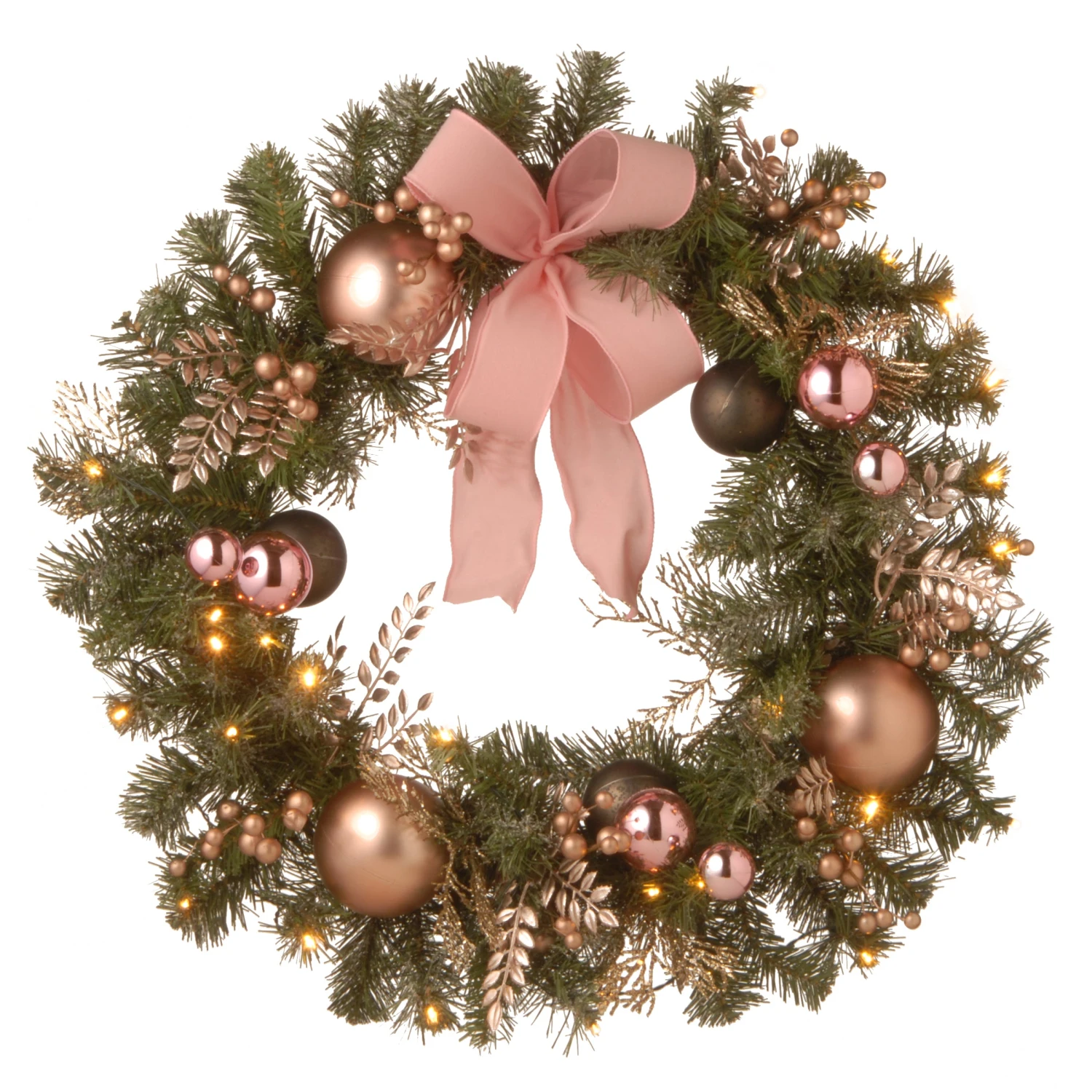 National Tree Company Pre-Lit Artificial Christmas Wreath, Green, Bristle Berry Pine, White Lights, Decorated With Ball Ornaments, Pink Ribbon Bows, Twigs, Christmas Collection, 28 Inches 3 National Tree Company Pre-Lit Artificial Christmas Wreath, Green, Bristle Berry Pine, White Lights, Decorated With Ball Ornaments, Pink Ribbon Bows, Twigs, Christmas Collection, 28 Inches