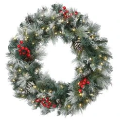 National Tree Company Pre-Lit Artificial Christmas Wreath, Green, Snowy Glacier Pine, White Lights, Decorated With Pine Cones, Berry Clusters, Frosted Branches, Christmas Collection, 30 Inches