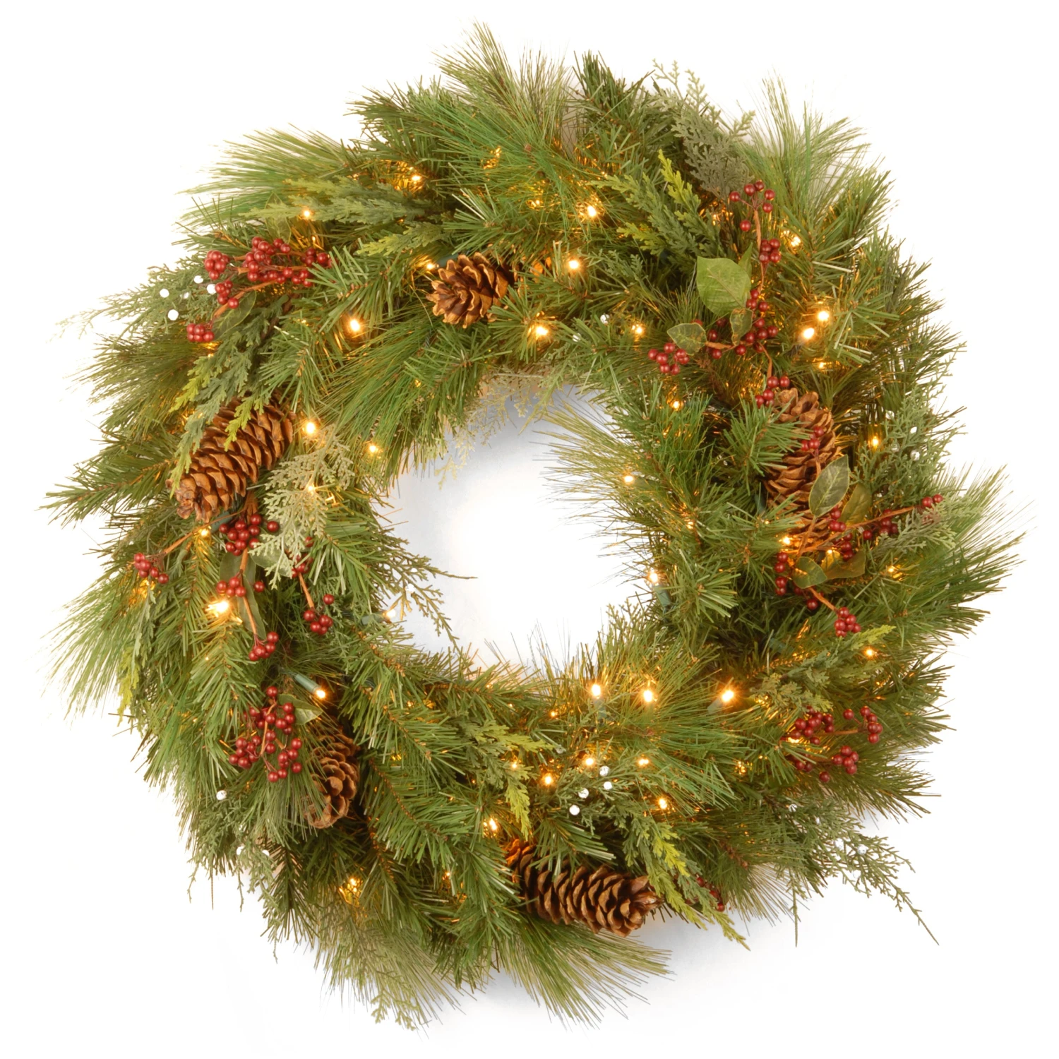 National Tree Company Pre-Lit Artificial Christmas Wreath, Green, White Pine, White Lights, Decorated With Berry Clusters, Pine Cones, Christmas Collection, 30 Inches 3 National Tree Company Pre-Lit Artificial Christmas Wreath, Green, White Pine, White Lights, Decorated With Berry Clusters, Pine Cones, Christmas Collection, 30 Inches