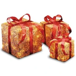 Pre-Lit Red And Gold Gift Boxes, Set Of Three, White Lights, Christmas Collection